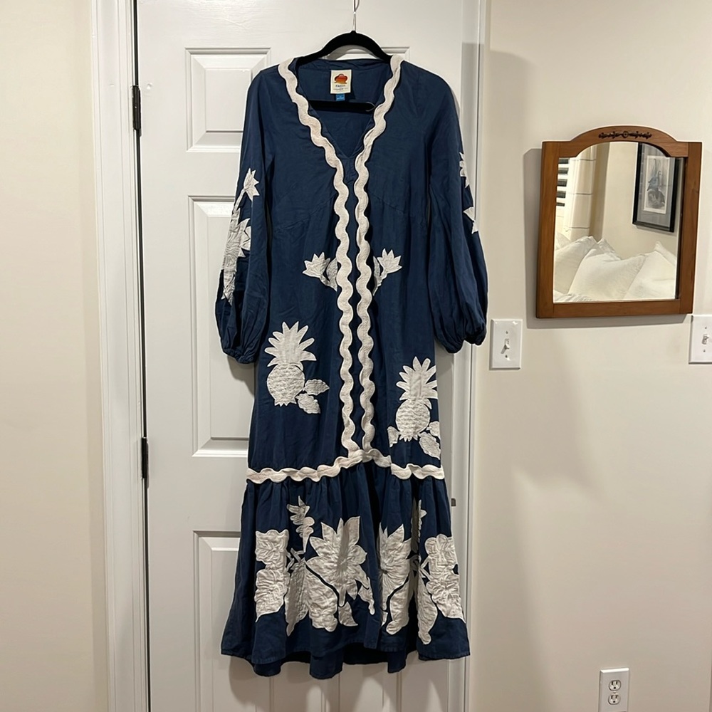 Farm Rio Navy White Floral Embroidered V Neck Balloon Sleeve Linen Maxi Dress XS
